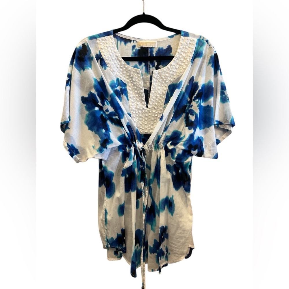 100% Cotton MICHAEL Michael Kors Blue and White Floral Beaded Top Resortwear
